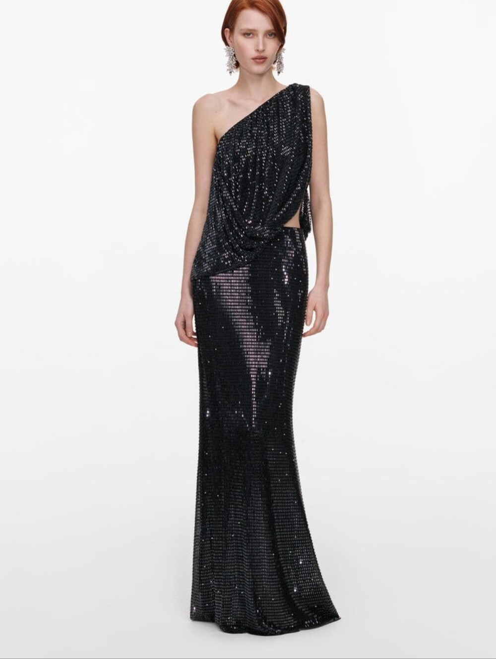 Self Portrait Black Rhinestone One Shoulder Drape Maxi Dress